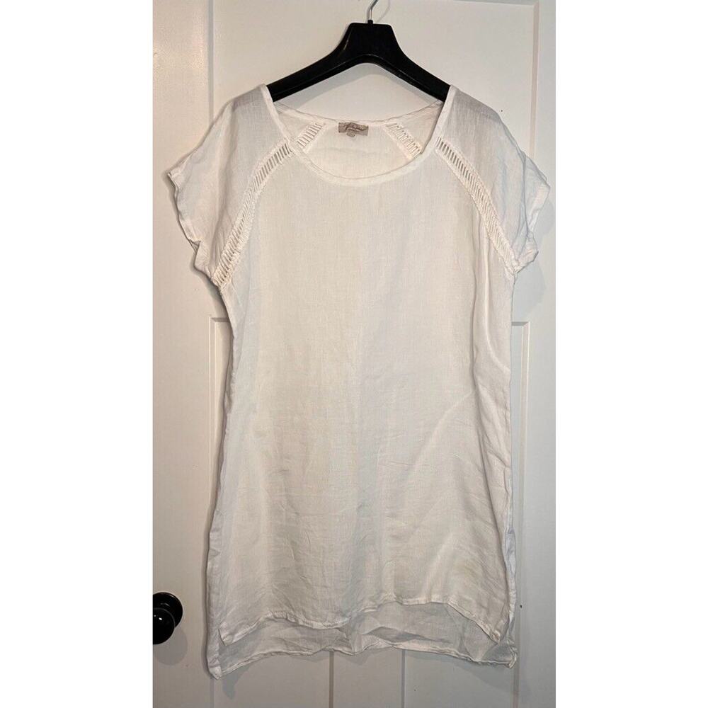 Bella Umbra Dress White Short Sleeve Scoop Neck Slit Lace Linen Italy LARGE